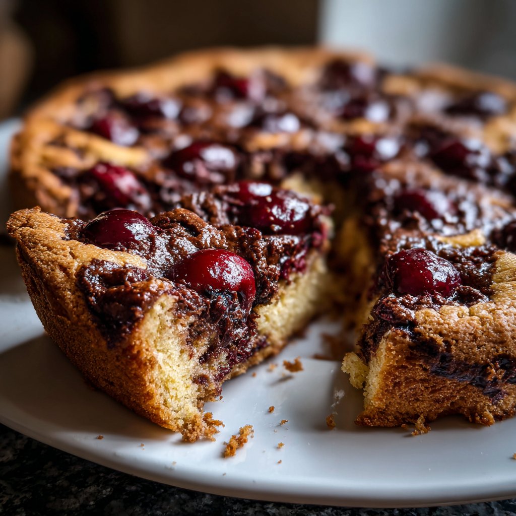 Blechkuchen mit Schokolade und Kirschen